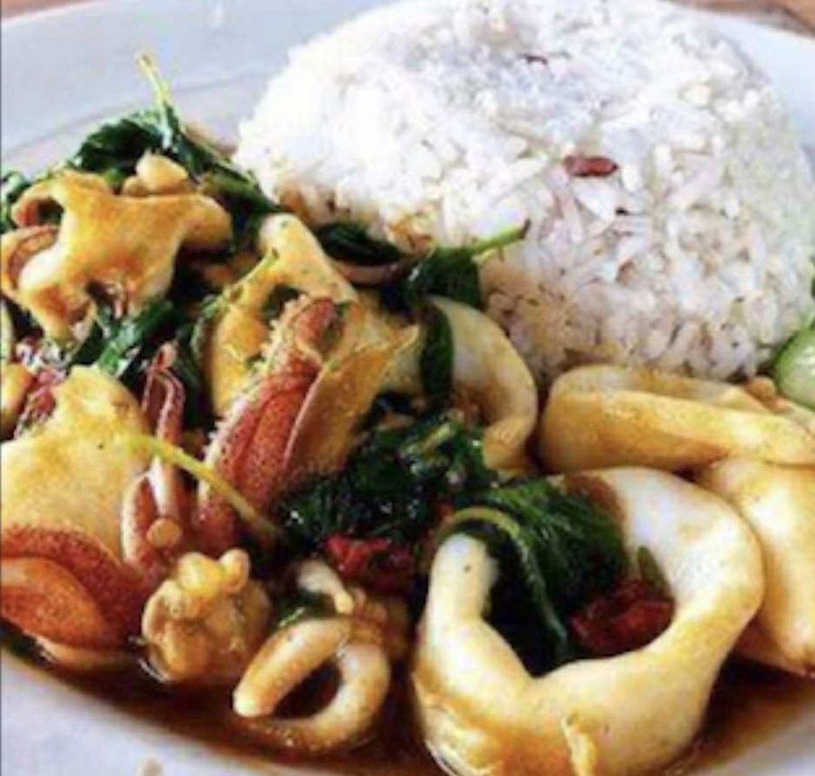 Squid stir-fry served with rice